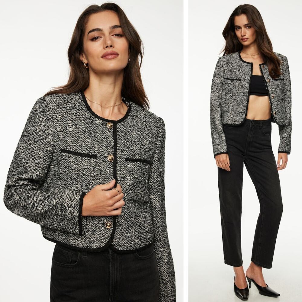 NWT DYNAMITE Margaux Bouclé Tweed Blazer Size XL Black & White